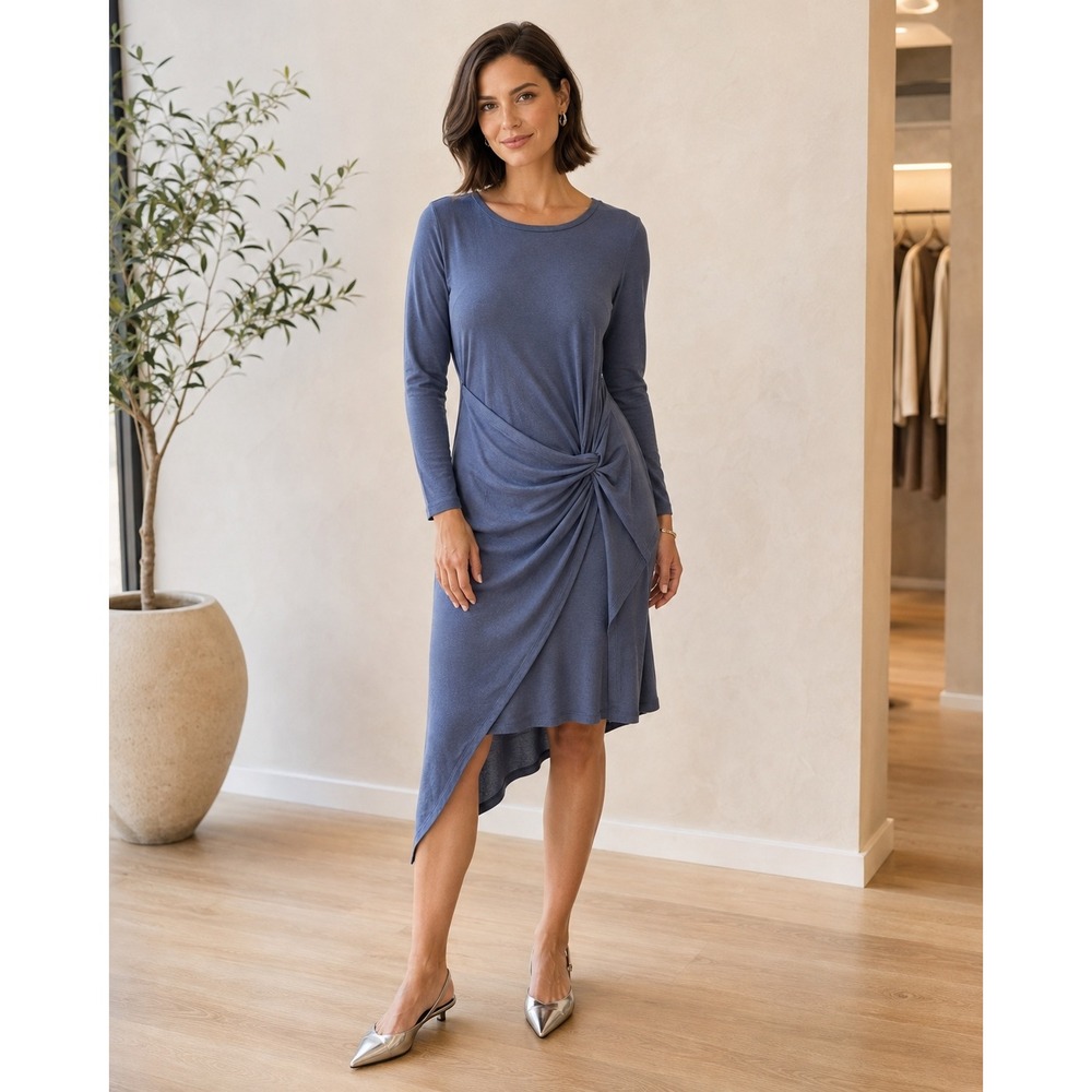 Skies Are Blue Dress Womens L Slate Blue Modal Knot Front Asymmetrical Stretch